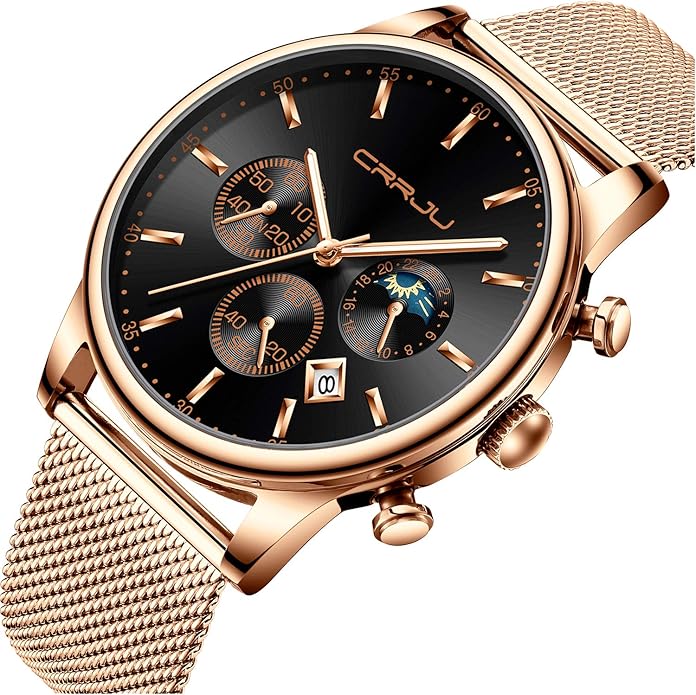 CRRJU Men's Fashion Casual Watches Auto Date Chronograph Watch Men Nice Work Watches Waterproof 30M Full Steel Quartz with Mesh Strap