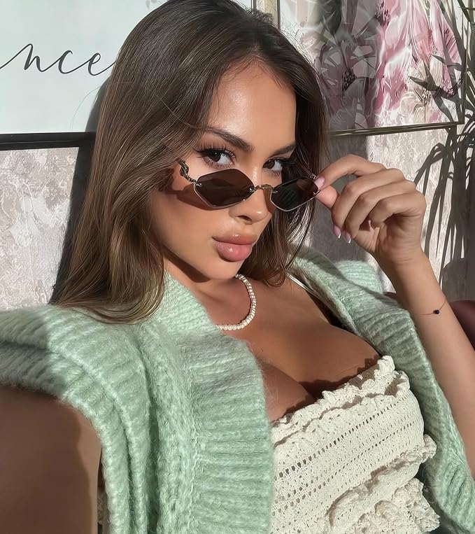 Retro Y2k Sunglasses for Women Men,Trendy Semi-Rimless Sun Glasses Irregular Narrow Gold Sunnies UV400