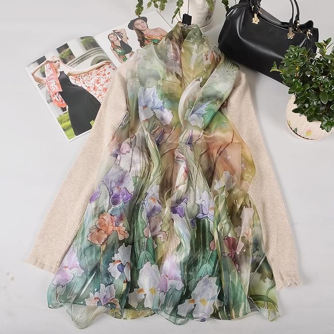 100% Mulberry Silk Women's Neck Silk Scarf-Lightweight Shawl,FLoral Print Beach Silk Wrap-Scarves for Photography
