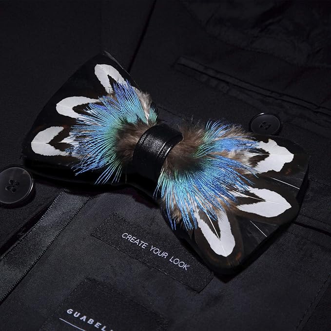 RBOCOTT Handmade Feather Pre-tied Bow tie and Brooch Sets for Men