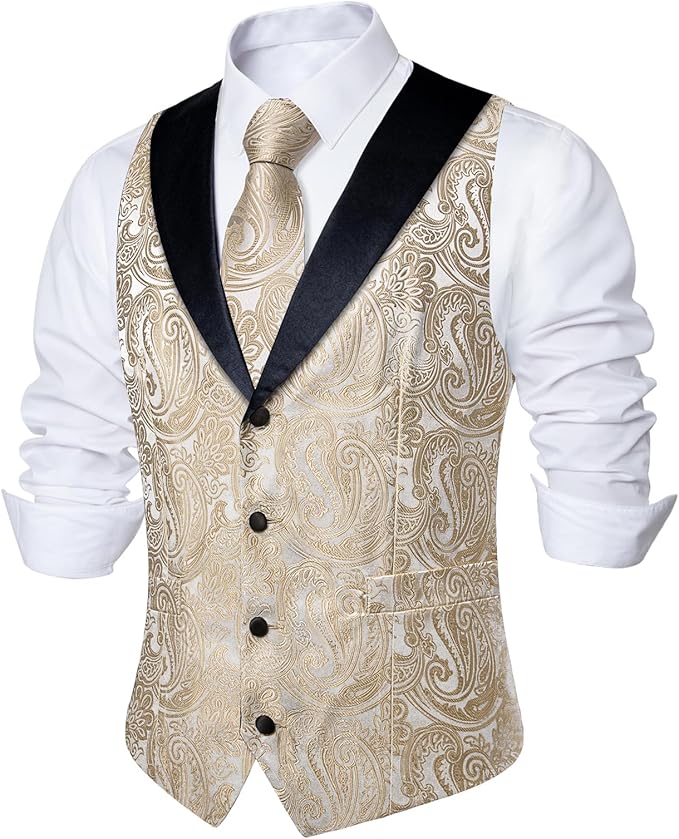 DiBanGu Mens Paisley Suit Vest Silk Jacquard Waistcoat and Necktie Set Formal Shawl Collar Dress Vest 7PCS for Wedding Party