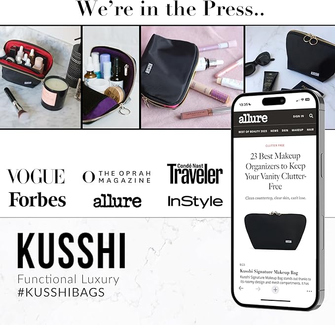 KUSSHI Washable Travel Makeup Bag for Purse (Everyday, Satin Black/Pink)