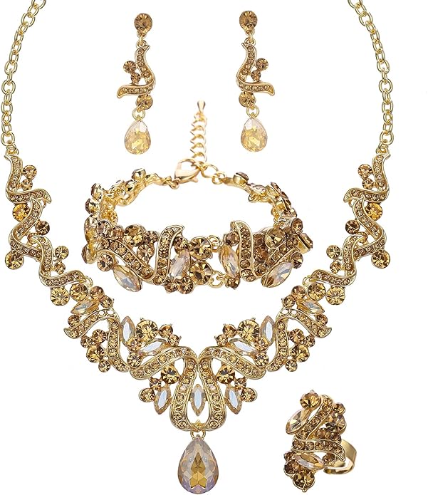 Jewelry Set for Women, Statement Necklace Dangle Earrings Bracelet Ring, White/KC Gold Plated Jewelry Set with Rhinestone Pearl Crystal Wedding Party Jewelry for Bridal Bridesmaid