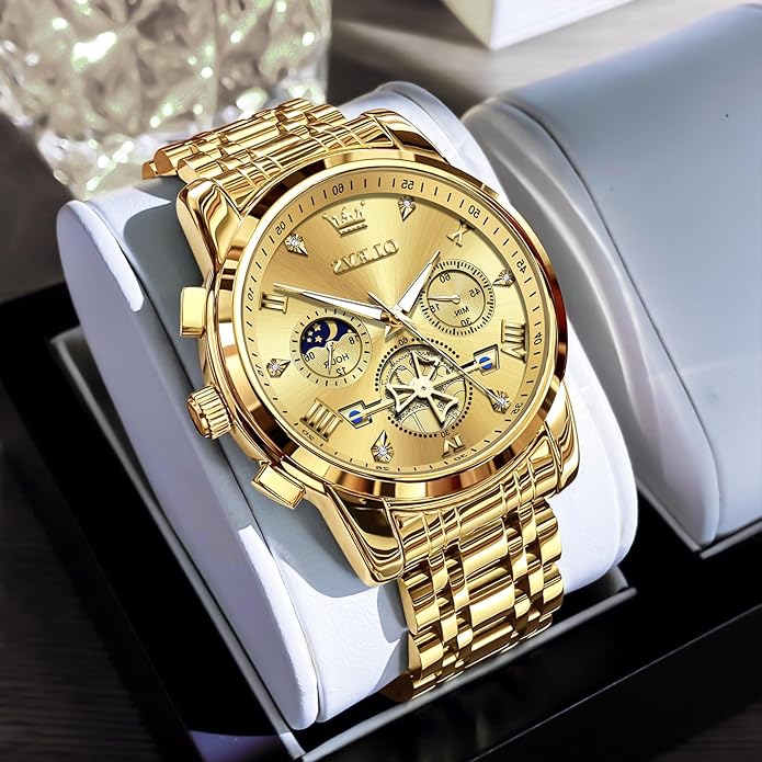 OLEVS Men Watches Stainless Steel Chronograph Watch, Large Wrist Analog Quartz Watch, Fashion Waterproof Diamond Roman Numerals Dress Watches for Men, Gold/Black/White/Blue/Grey Dial