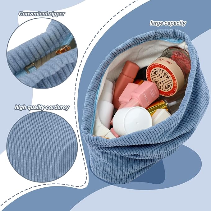 Sanwuta 3 Pack Corduroy Makeup Bag Set Cosmetic Toiletry Travel Pouch Organizer Velvet Makeup Bag for Women Large Pouch Zipper Purse Make up Organizer, Women Girls Gift(Misty Blue)