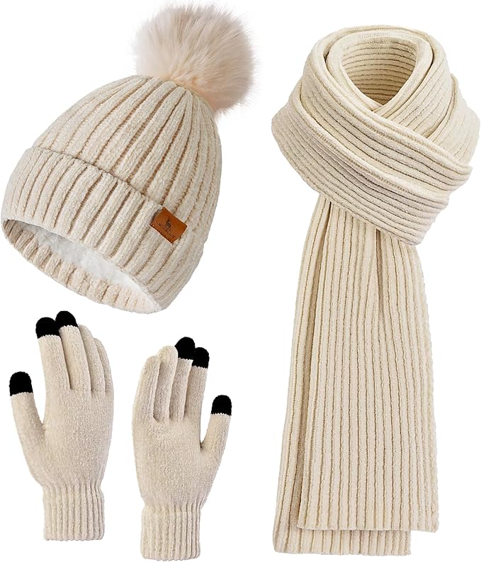 Womens Winter Beanie Hat Scarf Touchscreen Gloves Set Knit Warm Skull Caps Long Neck Scarves for Women Men