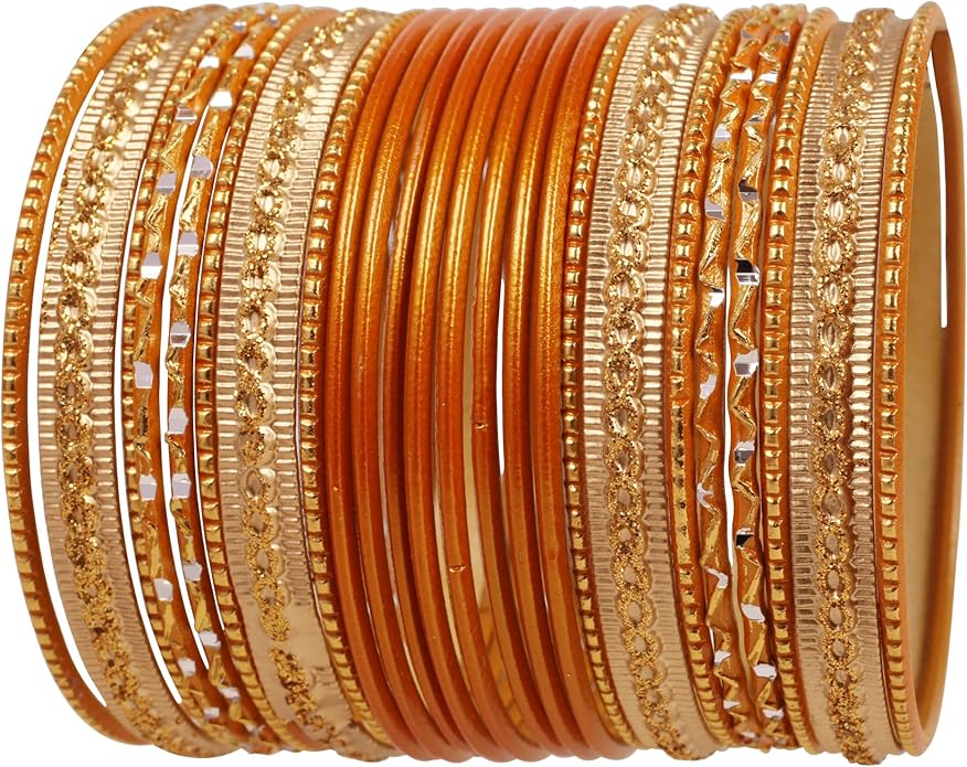 Touchstone Indian Metal Bangles for Women Gold Alloy Bracelets desi 2 Dozen Bangle Collection Bollywood Women's Jewelry Set Multi Stacking Wide Chunky Textured Golden Set of 24 in Gold or White Tone