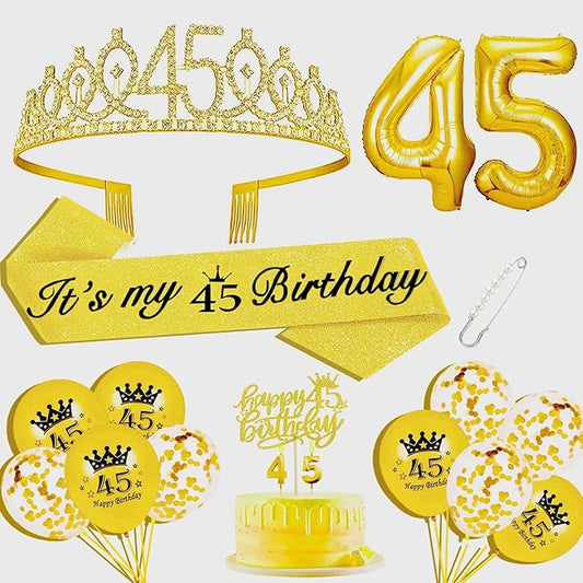 45th Birthday Decorations for Her Girls Set, Include 45th Birthday Crown and 45 Sash, 45th Birthday Cake Topper and 45 Birthday Candles, Gold 45 Balloons, Women 45th Party Supplies(Gold)
