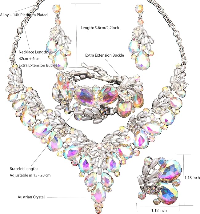 Jewelry Set for Women, Statement Necklace Dangle Earrings Bracelet Ring, White/KC Gold Plated Jewelry Set with Rhinestone Pearl Crystal Wedding Party Jewelry for Bridal Bridesmaid