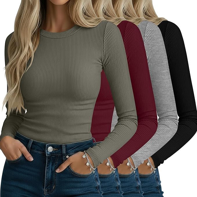 Neer 4 Pack Women's Ribbed Long Sleeve Shirts, Cotton Crew Neck Slim Fit Tops Stretch Knit Casual Base Layer Basic Tee Shirts