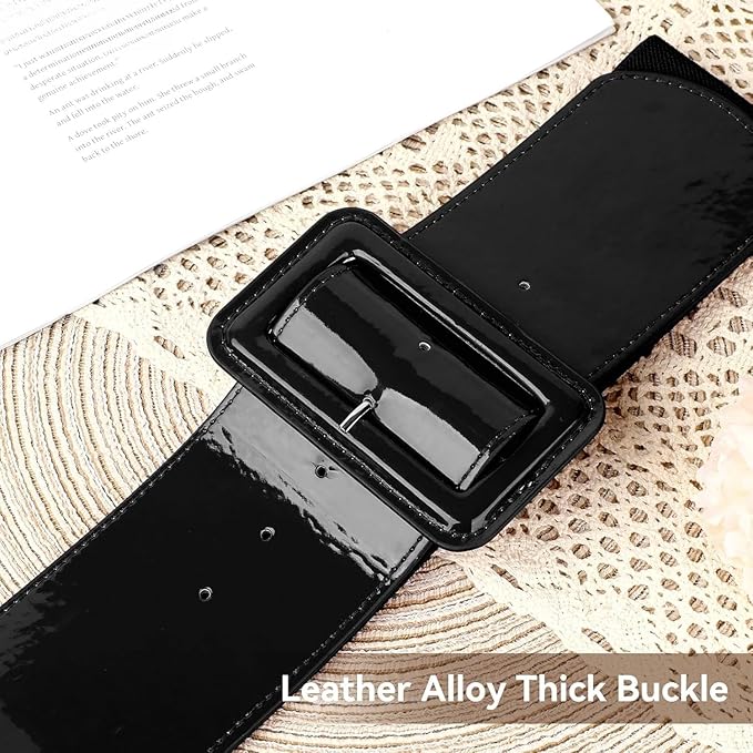 Wide Patent Leather Cinch Belt - Fashion Square Buckle Waist Belt for Dresses and Coats