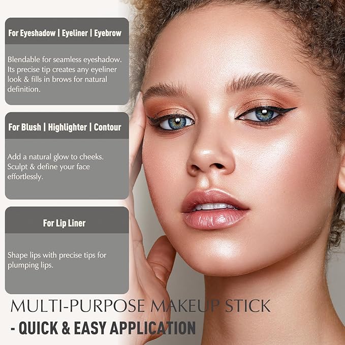 Eyeshadow Stick, Sand Shimmer Cream Eyeshadow Long-Lasting Crease-Proof Glitter Eyeliner Pencil High Pigmented Neutral Highlighter Makeup Crayon with Blending Brush & Built-in Sharpener