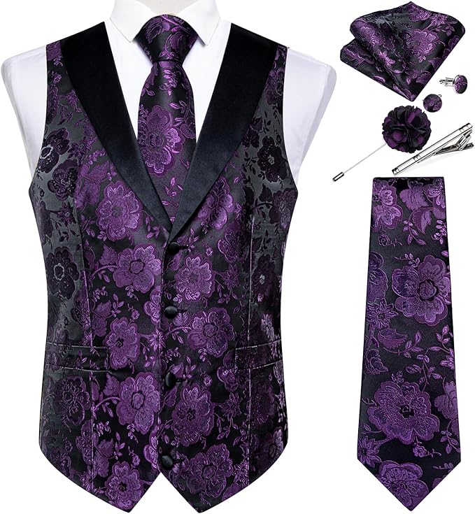 DiBanGu Mens Paisley Suit Vest Silk Jacquard Waistcoat and Necktie Set Formal Shawl Collar Dress Vest 7PCS for Wedding Party