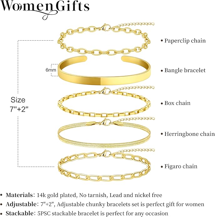 Dainty Thin Gold Bracelet for Women Stack, 14K Gold Plated Bracelet Stackable Set with Bangle Cuff, Box, Herringbone, Paperclip, Figaro, Sparkling Link Chains, Simple Waterproof Non Tarnish Minimalist Gifts for Women Trendy