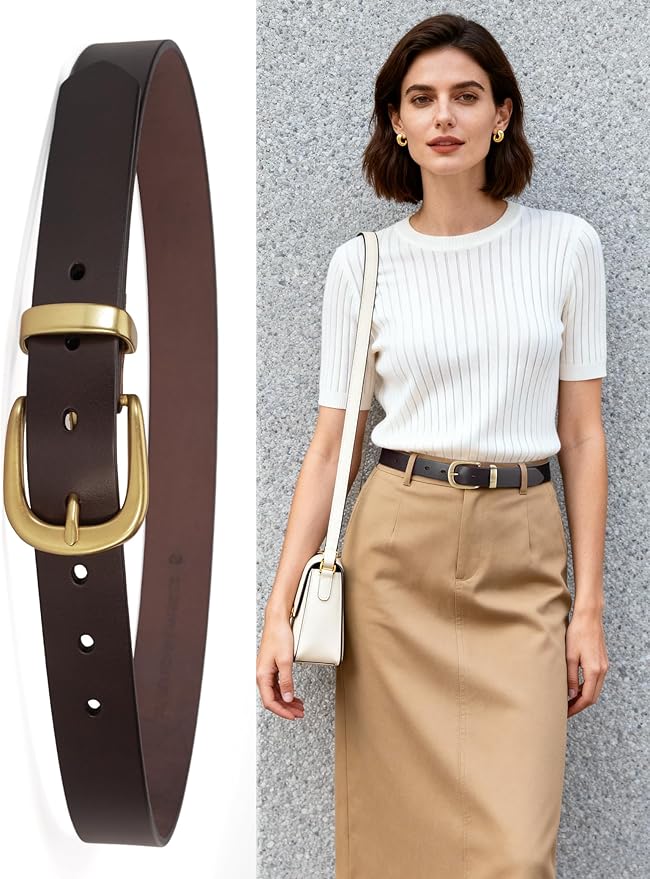 Womens Belts for Jeans 1.1" Width Ladies Belts for Dresses Full Grain Leather Gold Buckle Belt Gift Box