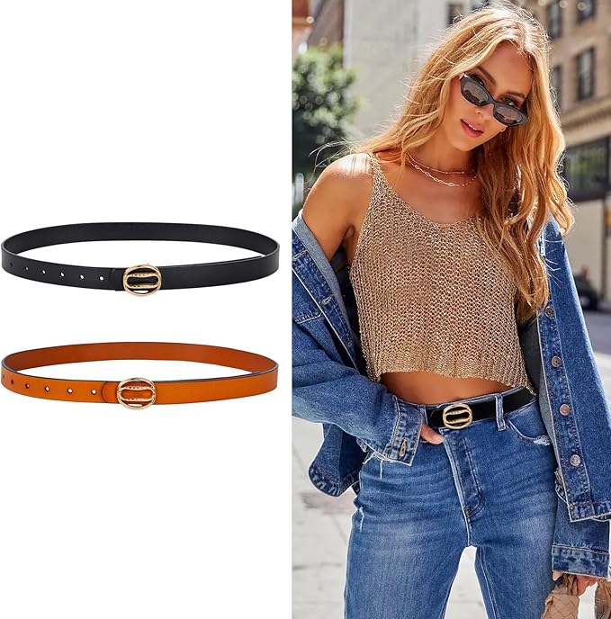 Women's Fashion Classic Metal Buckle Leather Belt with Jeans Dress