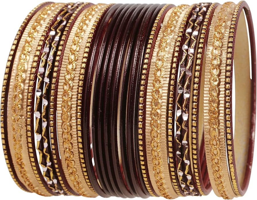 Touchstone Indian Metal Bangles for Women Gold Alloy Bracelets desi 2 Dozen Bangle Collection Bollywood Women's Jewelry Set Multi Stacking Wide Chunky Textured Golden Set of 24 in Gold or White Tone