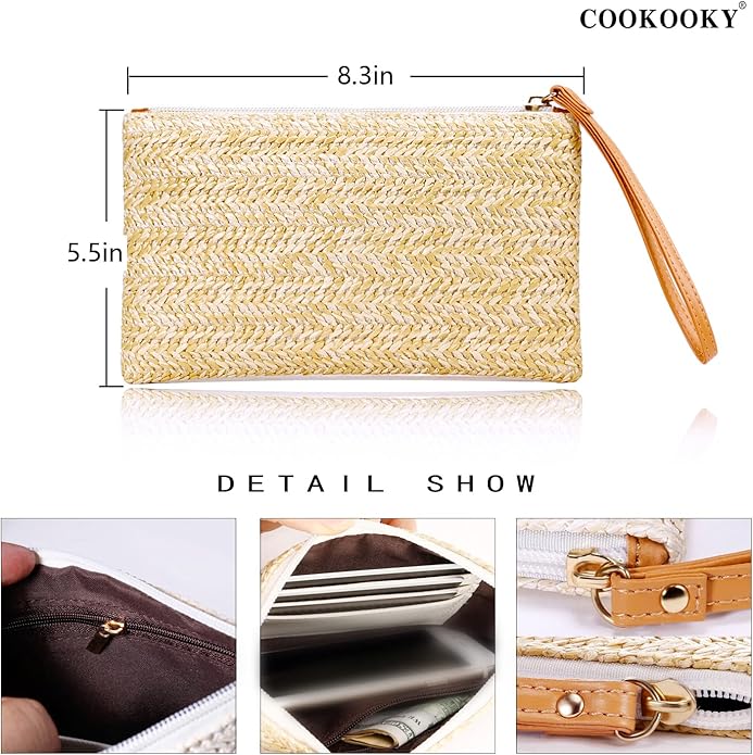 COOKOOKY Womens Straw Clutch Bag Bohemian Summer Beach Straw Purse Zipper Wristlet Wallets for Women