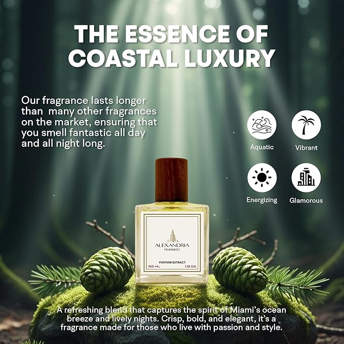 Alexandria Fragrances Miami Beach Perfume - Long Lasting Eau de Parfum for Men & Women - Everyday Men’s Cologne with Citrus, Ginger, Vetiver & Cedar Notes - Inspired by Beach & Summer Vibes - 55ml