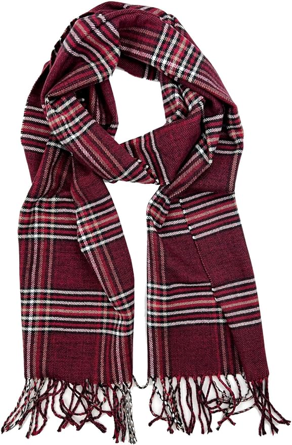 Plum Feathers Plaid Check and Solid Cashmere Feel Winter Scarf, Warm Scarfs, Cold Weather Accessories, Fringe Scarves