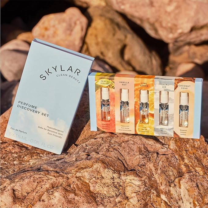 Skylar Eau de Parfum Discovery Spray Sampler Gift Set - Hypoallergenic & Clean Perfume for Women & Men- Peach Fields- Vanilla Sky, Lime Sands, Salt Air, Coconut Cove - 5 1.5mL Spray Bottles