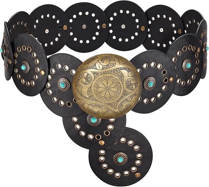 LEACOOLKEY Women's Boho Disc Belt Wide Western Leather Belt Vintage Concho Waist Belts for Dress Jeans