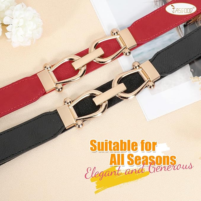 JASGOOD Women Stretchy Waist Belt Retro Elastic Skinny Belt for Ladies with Gold Buckle