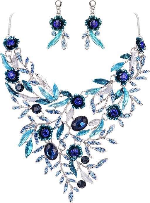 BriLove Wedding Bridal Leaf Cluster Jewelry Set for Women Crystal Flower Enamel Statement Necklace Dangle Earrings