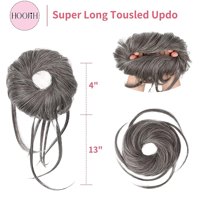 HOOJIH Messy Bun Hair Piece, Super Long Tousled Updo Hair Bun Extensions Wavy Hair Wrap Ponytail Hairpieces Scrunchies with Elastic Hair Band for Women HB007 Grace - Gray with Deep Brown Mixed