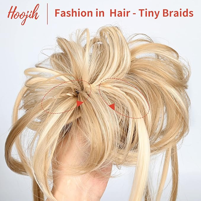 HOOJIH Messy Bun Hair Piece, Super Long Tousled Updo Hair Bun Extensions Wavy Hair Wrap Ponytail Hairpieces Scrunchies with Elastic Hair Band for Women HB007 Grace - Blonde Mixed