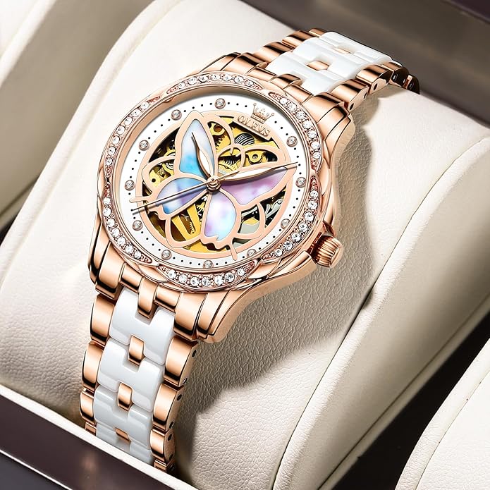 OLEVS Womens Automatic Watch, Premium Large Face Diamond Accented Self Winding Watches for Women, Fashion Waterproof Ladies Dress Watch, Two Tone Stainless Steel Ceramic Bracelet