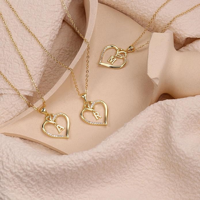 STORUP Gifts for Women Teen Girls - Heart Initial Necklaces for Women Girls, 14K-Gold-Plated Cubic Zirconia Initial A-Z Pendant Dainty Heart Necklaces for Teen Girl Jewelry Birthday Gifts