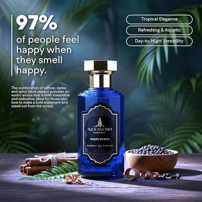 Alexandria Fragrances Miami Beach Perfume - Long Lasting Eau de Parfum for Men & Women - Everyday Men’s Cologne with Citrus, Ginger, Vetiver & Cedar Notes - Inspired by Beach & Summer Vibes - 60ml