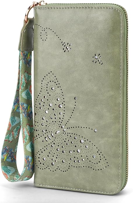 RFID Wallet Women, Large Capacity Butterfly Cell Phone Clutch Purses Ladies Wristlet Wallets for Women