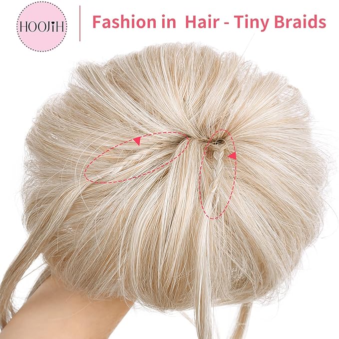 HOOJIH Messy Bun Hair Piece, Super Long Tousled Updo Hair Bun Extensions Wavy Hair Wrap Ponytail Hairpieces with Elastic Hair Band for Women HB007 Grace - Platinum with Medium Blonde Mixed