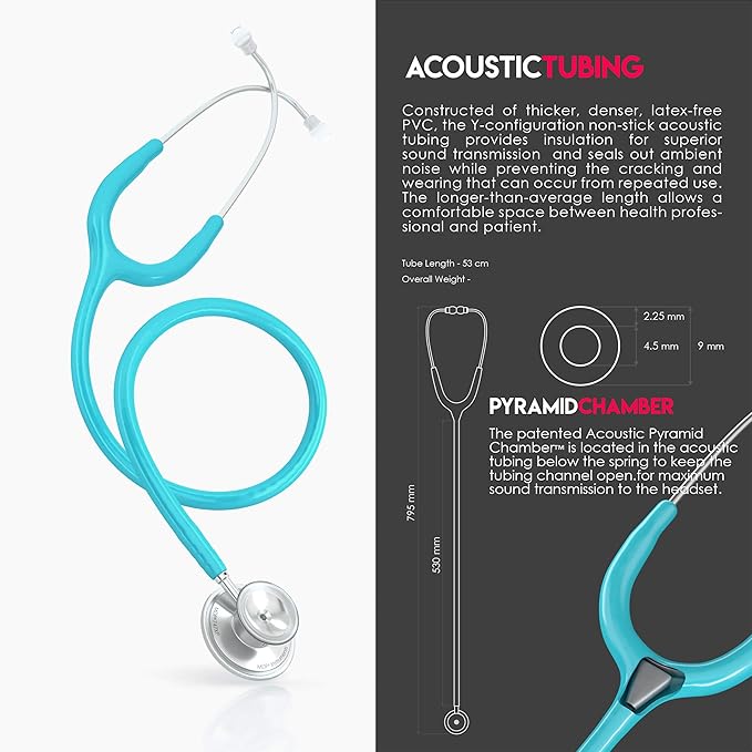 MDF Instruments, Acoustica Lightweight Stethoscope for Doctors, Nurses, Students, Home Health Use, Adult, Dual Head, Pastel Blue Tube, Silver Chestpiece-Headset, MDF747XP03