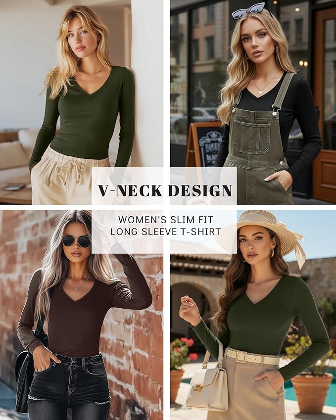 Ficerd 3 Pack Women's Long Sleeve Shirts, V Neck Basic Tees Slim Fitted Casual Fall Tops Going Out Blouses T Shirts