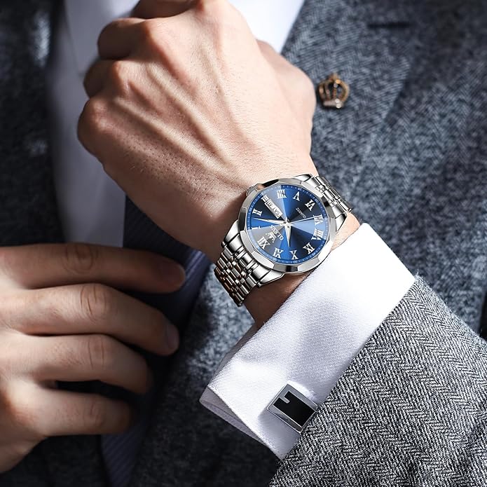 OLEVS Classic Men Watches with Date,Stainless Steel Man Watch with Date, Bussiness Watches for Men,Luminous Quartz Mens Watches Black/White/Blue/Gold, Waterproof Male Watch with Week