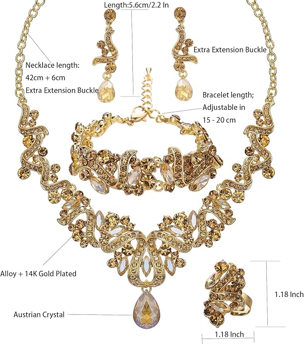 Jewelry Set for Women, Statement Necklace Dangle Earrings Bracelet Ring, White/KC Gold Plated Jewelry Set with Rhinestone Pearl Crystal Wedding Party Jewelry for Bridal Bridesmaid