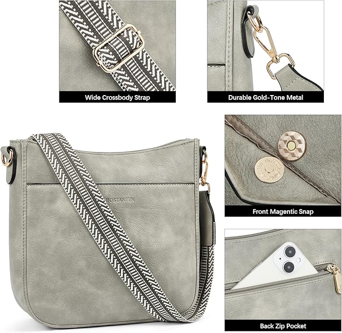 BOSTANTEN Crossbody Bags for Women Trendy Vegan Leather Hobo Purses Shoulder Handbags With Wide Shoulder Strap