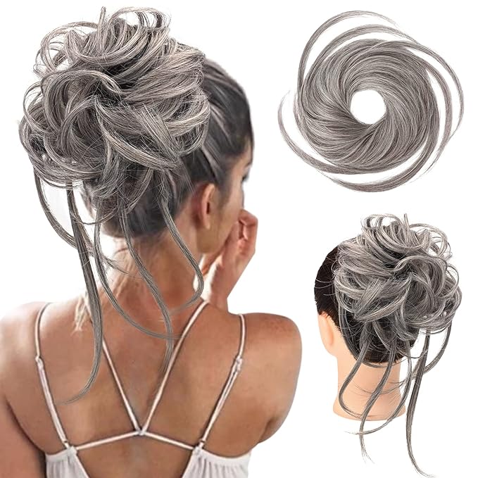 HOOJIH Messy Bun Hair Piece, Super Long Tousled Updo Hair Bun Extensions Wavy Hair Wrap Ponytail Hairpieces Scrunchies with Elastic Hair Band for Women HB007 Grace - Light Gray