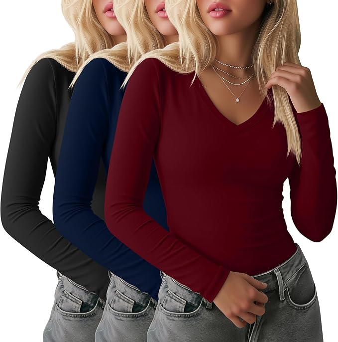 Ficerd 3 Pack Women's Long Sleeve Shirts, V Neck Basic Tees Slim Fitted Casual Fall Tops Going Out Blouses T Shirts