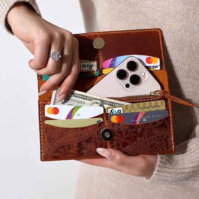 Genuine Leather Handmade Wallet for Women Large Capacity Credit Card Holder Ladies Bifold Long Clutch Handbag Slim Minimalist Western Purse with Zipper Pocket