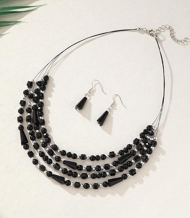 Layered Beaded Statement Necklace Multi Strand Crystal Beads Collar Necklace and Earring Sets for Women Fashion Costume Jewelry Set Gifts for Her