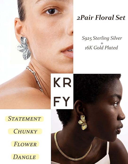 KRFY Statement Earrings 2 Pairs, S925 Sterling Silver Post 16K Plated Chunky Gold Earrings For Women Trendy, Hypoallergenic Big Flower Leaf Stud Earring Set, Silver Color Large Dangle Earrings Jewelry