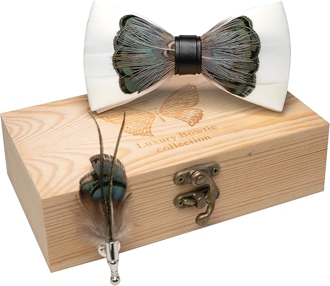 RBOCOTT Handmade Feather Pre-tied Bow tie and Brooch Sets for Men