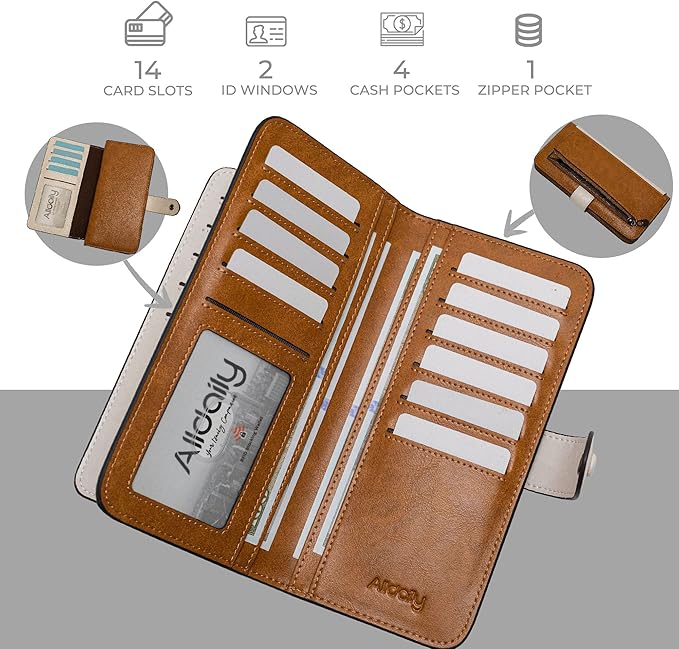 RFID Blocking Leather Wallet for Women, Slim Trifold with 14 Card Slots and Zipper Pocket (White&Brown)