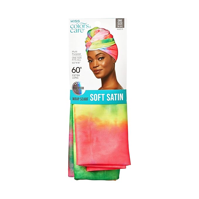 KISS COLORS & CARE Soft Satin Wrap Scarf - Tie Dye, Fashionable Multi-Purpose, Premium Hair Scarf for Minimizing Frizz, Chic & Comfortable, Preventing Breakage & Securing a Variety of Hair Styles
