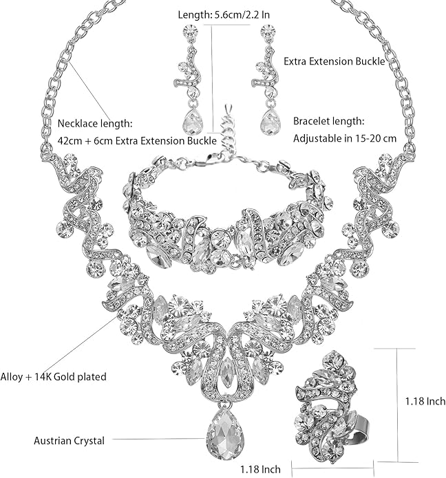 Jewelry Set for Women, Statement Necklace Dangle Earrings Bracelet Ring, White/KC Gold Plated Jewelry Set with Rhinestone Pearl Crystal Wedding Party Jewelry for Bridal Bridesmaid