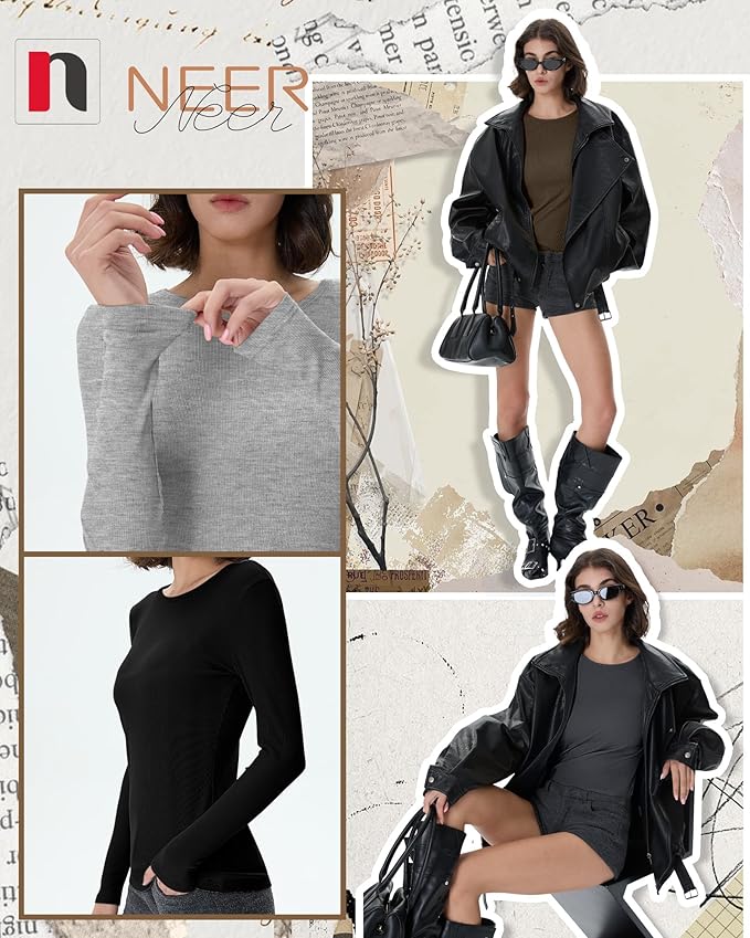 Neer 4 Pack Women's Ribbed Long Sleeve Shirts, Cotton Crew Neck Slim Fit Tops Stretch Knit Casual Base Layer Basic Tee Shirts